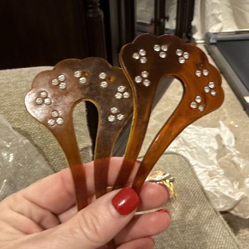2 Brown Plastic Hair Combs scalloped Tortoiseshell Style Rhinestone
